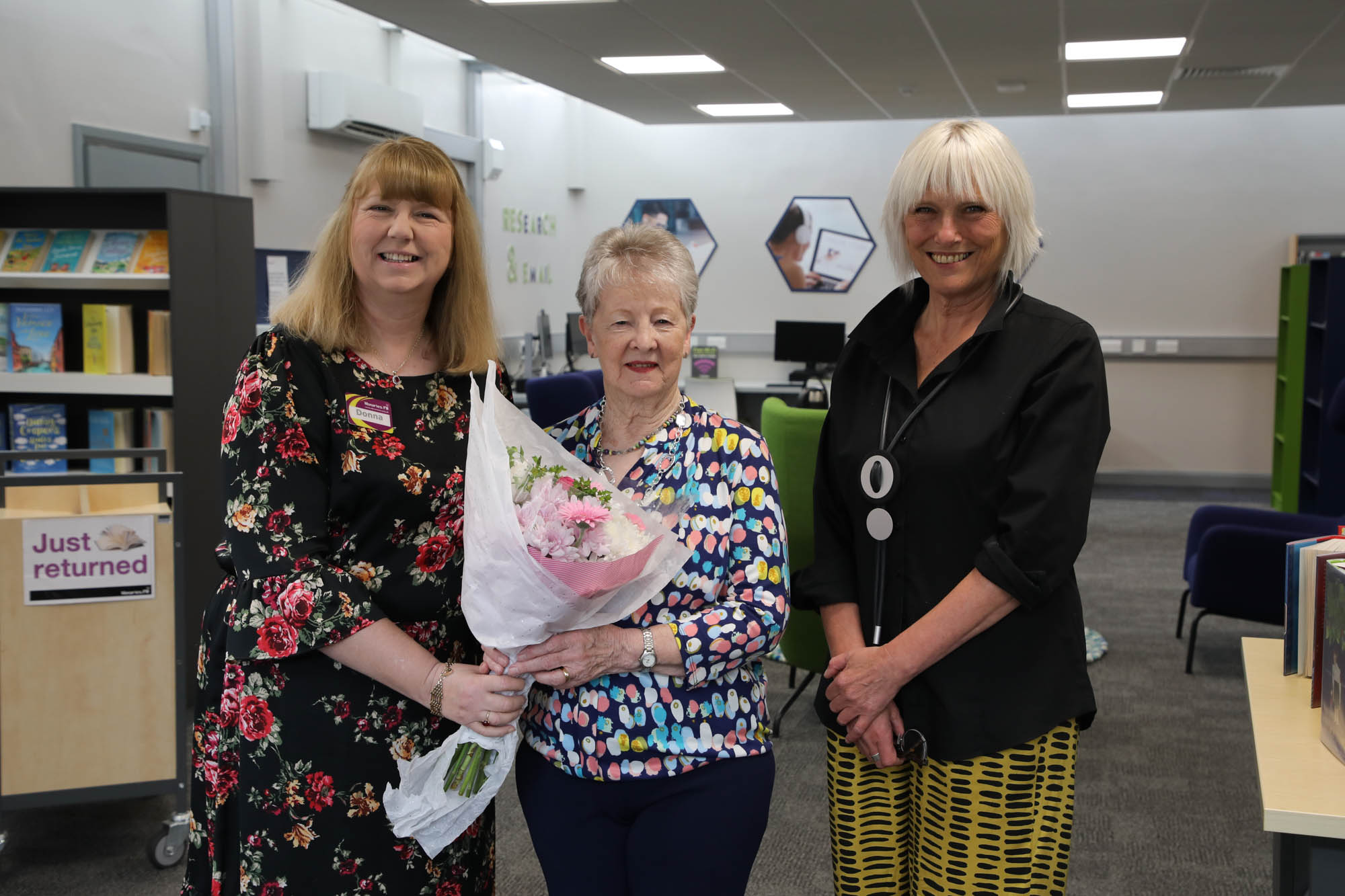 Branch Library Manager Donna Orr, customer Pat and Fiona McCallum, Area Manager, Libraries NI