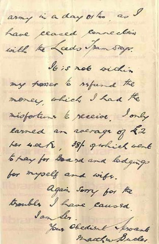 BUT 017 V2. 	Letter from Butler to Town Solicitor [John McCormick] 27 September 1917. Leeds. Army reserve, Leeds Tramways, wages. Page three of four. 