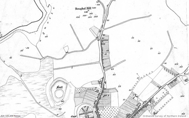 Part of 6” to 1 mile Ordnance Survey (OS) County Down sheet 37, showing trigonometrical station at Roughal Hill with chaining lines radiating out from this ‘trig point’