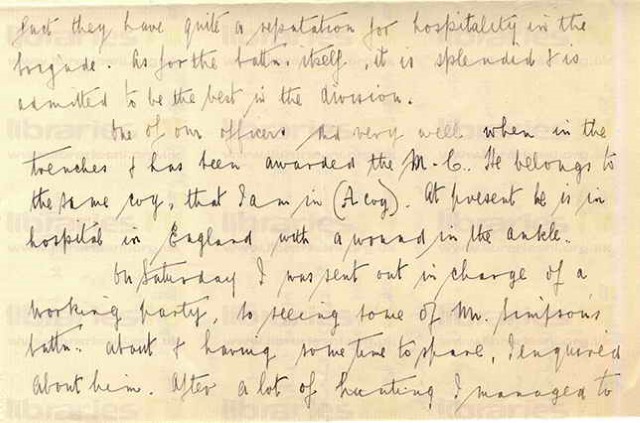 WAR 005. Letter from Warren to Elliott 20 March 1916. France. 16th Royal Scots, Sir George McCrae, officer receives military cross, meets Simpson. Page three of four. 