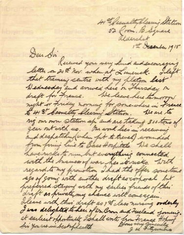 FIT 002. Letter from Fitzsimons to Elliott 1 December 1915. Aldershot. Leaving for France, casualty clearing station, turns down promotion. Page one of one. 