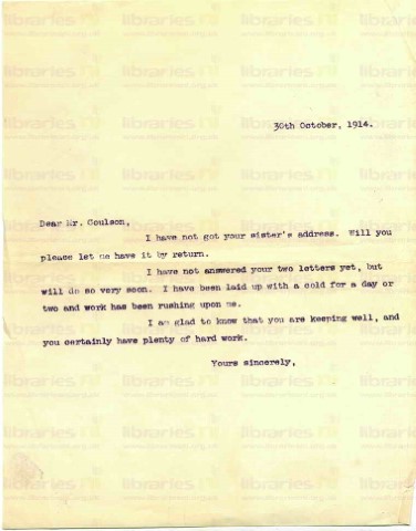 COU 005. Letter from Elliott to Coulson 30 October 1914. Sister's address. Page one of one. 