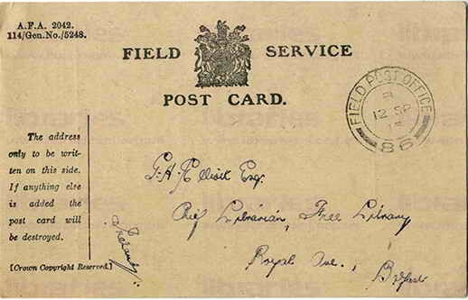 McC 011. Field Service Postcard from McCausland to Elliott 12 September 1916. I am quite well. Page one of two. 