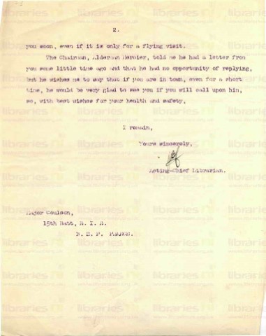 COU 042. Letter from Goldsbrough to Coulson 25 September 1917. Holiday, Warren POW, other library at war, library matters. Page two of two.