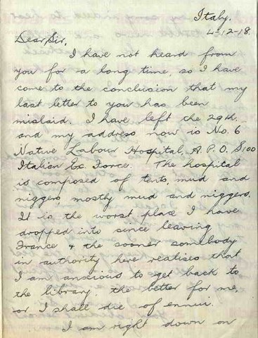 EAG 020. Letter from Eagleson to Goldsbrough 4 December 1918. Italy. Hospital work, anxious to get back to the library, Brown and Scilley deaths. Page one of three. 