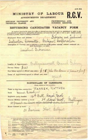 WAR 012. Returning Candidate Vacancy Form 1 March 1919. Page one of one. 