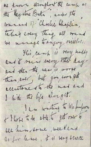 WAR 002. Letter from Warren to Goldsbrough 10 August 1915. Hawick, Scotland. Officers, camp, Simpson. Page two of three. 