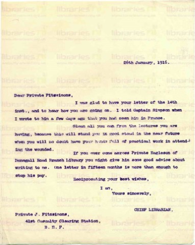 FIT 005. Letter from Elliott To Fitzsimons 26 January 1916. Lectures, Eagleson. Page one of one. 