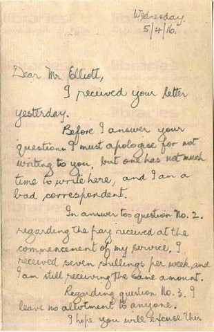 ROY 003. Letter from Roy to Elliott 5 April 1916. Pay, trenches. Page one of two. 