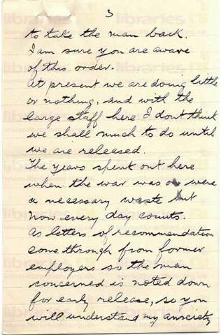 FIT 023. Letter from Fitzsimons to Goldsbrough 10 January 1918. France. *Typo-should be 1919*. Camp, demobilisation, New Year. Page three of four.