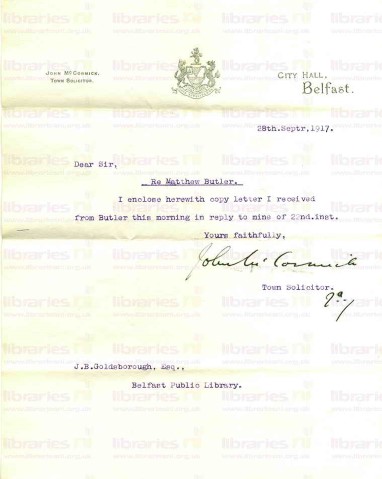 BUT 018. Letter from John McCormick, Town Solicitor to Goldsbrough 28 September 1917. Letter received. Page one of one. 