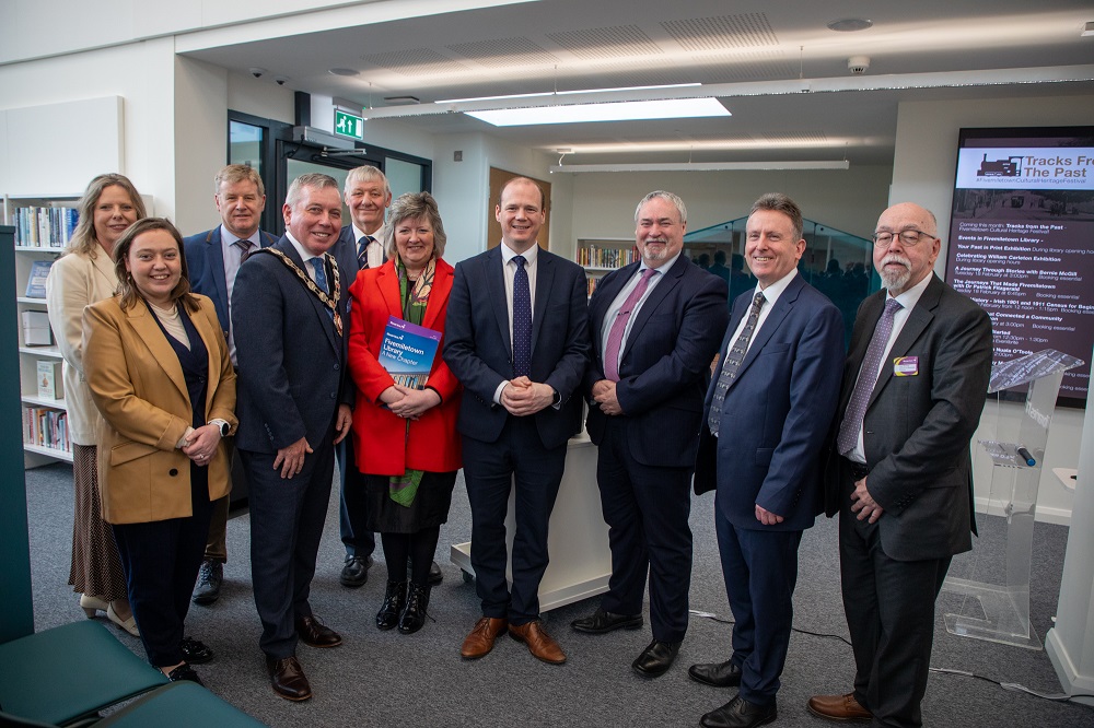 Photo of Local stakeholders, MLAs, Mid Ulster District Council Chair Councillor Eugene McConnell, Communities Minister Gordon Lyons, Libraries NI Chairperson Bonnie Anley, Libraries NI Chief Executive Dr Jim O’Hagan and Libraries NI Director of Business Support Desi Miskelly