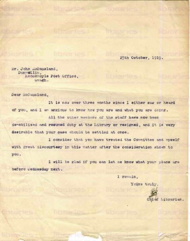 McC 027. Letter from Goldsbrough to McCausland 25 October 1919. Demobilization, no communication. Page one of one. 
