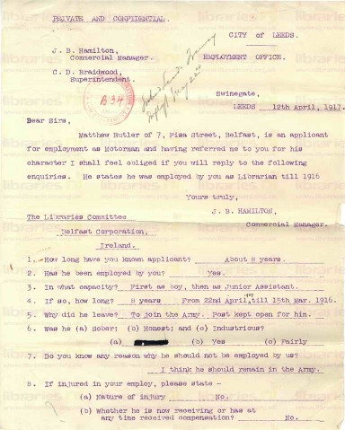 BUT 006. Letter from J.B. Hamilton, Leeds Employment Office to Goldsbrough 12 April 1917. Reference for employment as a motorman. Page one of one. 