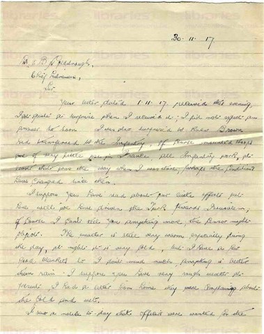 McC 016. Letter from McCausland to Goldsbrough 30 November 1917. Egypt. Brown, Turkish forces, weather, other staff at war, library staff. Page one of four. 