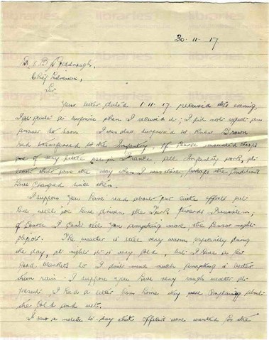 McC 016. Letter from McCausland to Goldsbrough 30 November 1917. Egypt. Brown, Turkish forces, weather, other staff at war, library staff. Page one of four. 