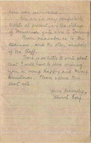 ROY 013. Letter from Roy to Goldsbrough 1 December 1918. France. Hoping to get home, Armistice signed, Christmas. Page two of two. 
