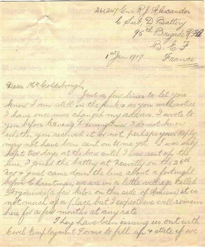 ALE 005. Letter from Alexander to Goldsbrough 01 January 1919. Argoeuves, France. Demobilization, Christmas. Page one of two. 