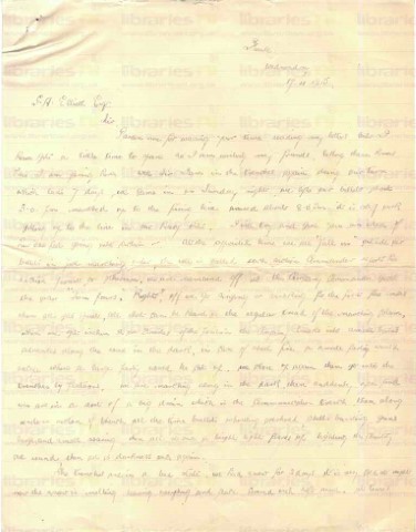 McC 006. Letter from McCausland to Elliott 19 November 1915. France. Trenches, 'no man's land', war effort, volunteers and conscripts. Page one of four. 