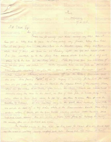 McC 006. Letter from McCausland to Elliott 19 November 1915. France. Trenches, 'no man's land', war effort, volunteers and conscripts. Page one of four. 