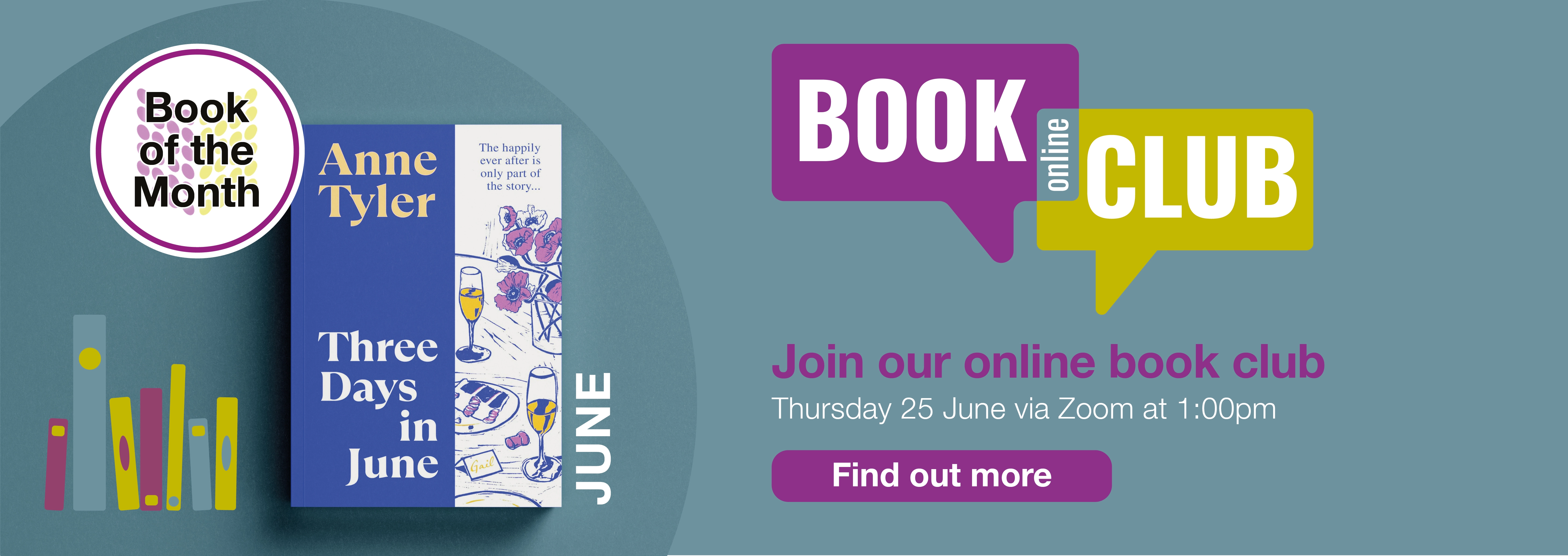 Home page banner showing Book of the Month for June 2026 which is Three Days in June by Anne Tyler
