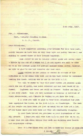 FIT 019. Letter from Goldsbrough to Fitzsimons 10 July 1917. Miss Miller, other staff at war. Page one of one. 