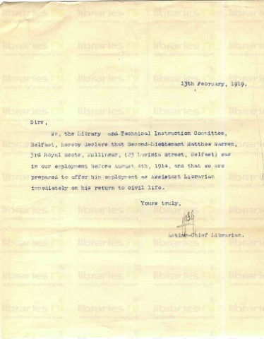 WAR 008. Letter from Goldsbrough to unknown 13 February 1919. Employment on return to civilian life. Page one of one. 