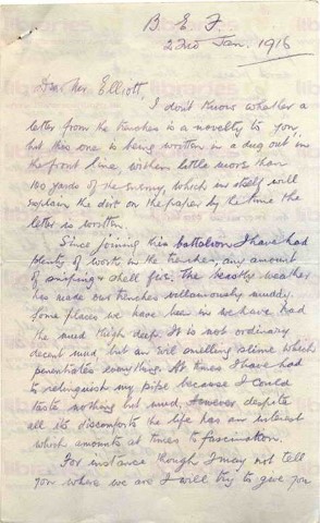 COU 029. Letter from Coulson to Elliott 22 January 1916. France. Trenches. Page one of six. 