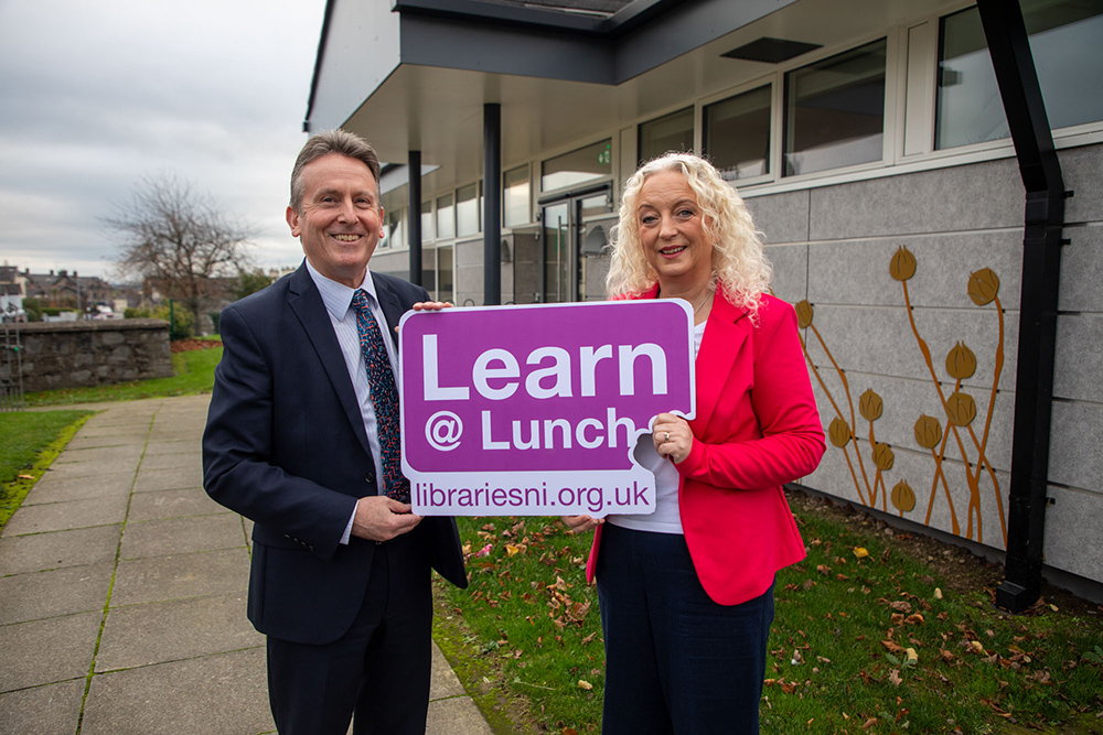 Libraries NI Chief Executive Jim O’Hagan and Author Byddi Lee at the launch of Learn At Lunch
