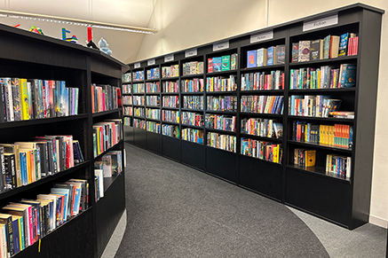 photo of Carryduff Library Interior showing contemporary bookcases filled with books