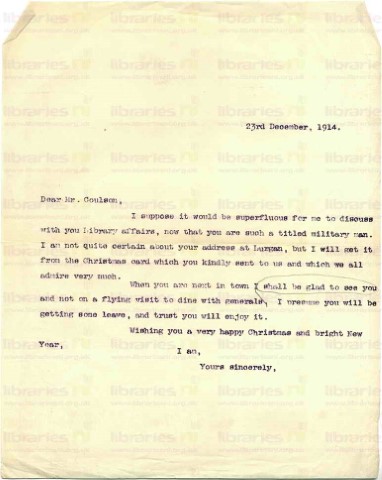 COU 008. Letter from Elliott to Coulson 23 December 1914. Christmas wishes. Page one of one. 
