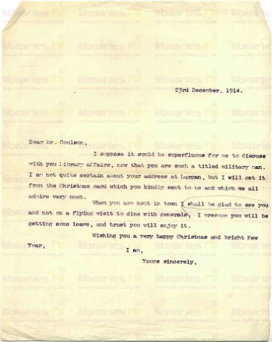 COU 008. Letter from Elliott to Coulson 23 December 1914. Christmas wishes. Page one of one. 