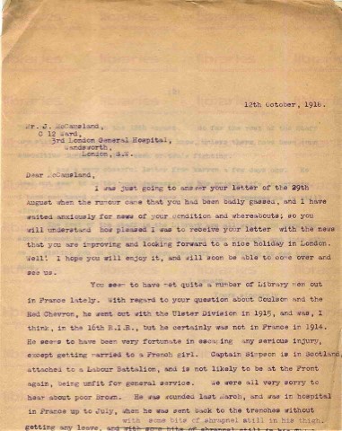 McC 022. Letter from Goldsbrough to McCausland 12 October 1918. Gas attack, other staff at war. Page one of two. 
