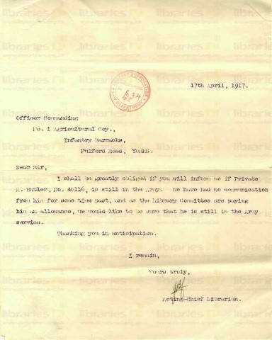 BUT 007. Letter from Goldsbrough to Officer Commanding, No.1 Agricultural Company 17 April 1917. Butler in the army. Page one of one.