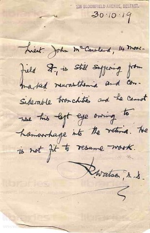 McC 028. Letter from R Watson, M.D. to Goldsbrough 30 October 1919. McCausland not fit for work, list of illnesses. Page one of one. 