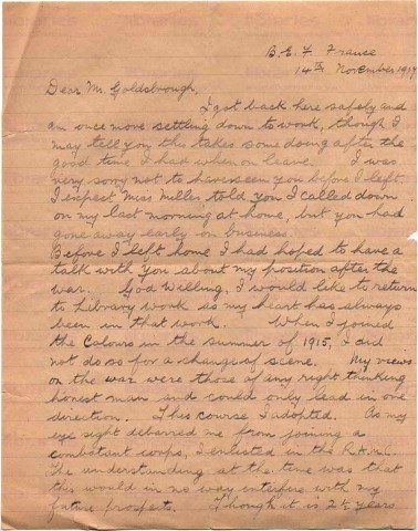 FIT 022. Letter from Fitzsimons to Goldsbrough 14 November 1917. France. Home, career after the war, wages, war effort. Page one of two. 
