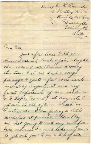 ALE 001. Letter from Alexander to Goldsbrough 01 April 1918. Page one. Durrington, Wiltshire. Sea sickness, German prisoners.