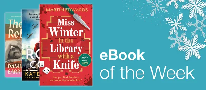 Small banner with the eBook of the Week which is Miss Winter in the library with a Knive by Martin Edwards