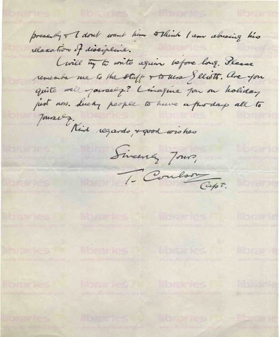 COU 020. Letter from Coulson to Elliott 22 August 1915. Seaford, Sussex. Injury, Intelligence Officer, Sir A Murray and Kitchner, U.V.F., local area. Page three of three.