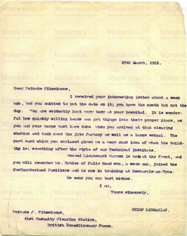 FIT 008. Letter from Elliott to Fitzsimons 25 March 1916. Clearing station at factory and school, other staff at war. Page one of one. 