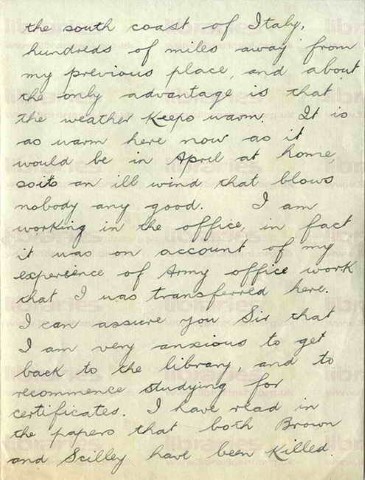 EAG 020. Letter from Eagleson to Goldsbrough 4 December 1918. Italy. Hospital work, anxious to get back to the library, Brown and Scilley deaths. Page two of three. 