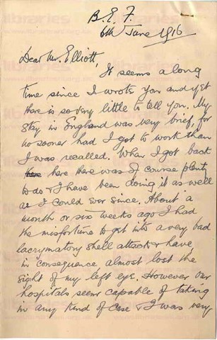 COU 035. Letter from Coulson to Elliott 6 June 1916. France. Eye injury, trenches, prisoners, naval battle, staff at war, soldiers. Page one of eight. 