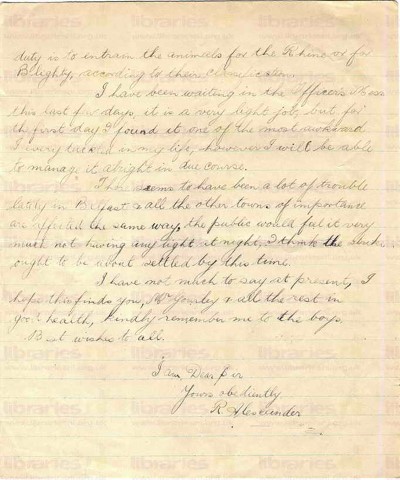 ALE 006. Letter from Alexander to Goldsbrough 15 March 1919. Candas, France. Demobilizing the horses, strike in Belfast. Page two of two. 