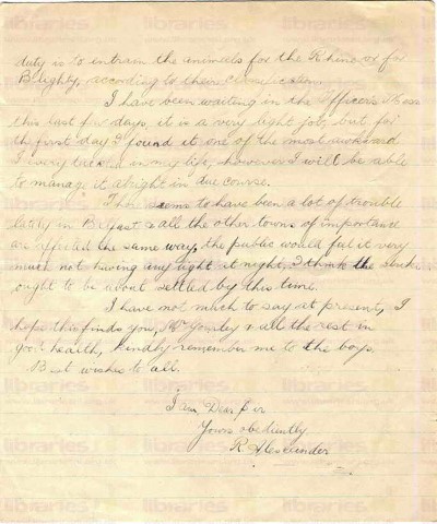 ALE 006. Letter from Alexander to Goldsbrough 15 March 1919. Candas, France. Demobilizing the horses, strike in Belfast. Page two of two. 