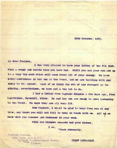 COU 024. Letter from Elliott to Coulson 12 October 1915. Confidence in men at war, Simpson. Page one of one. 