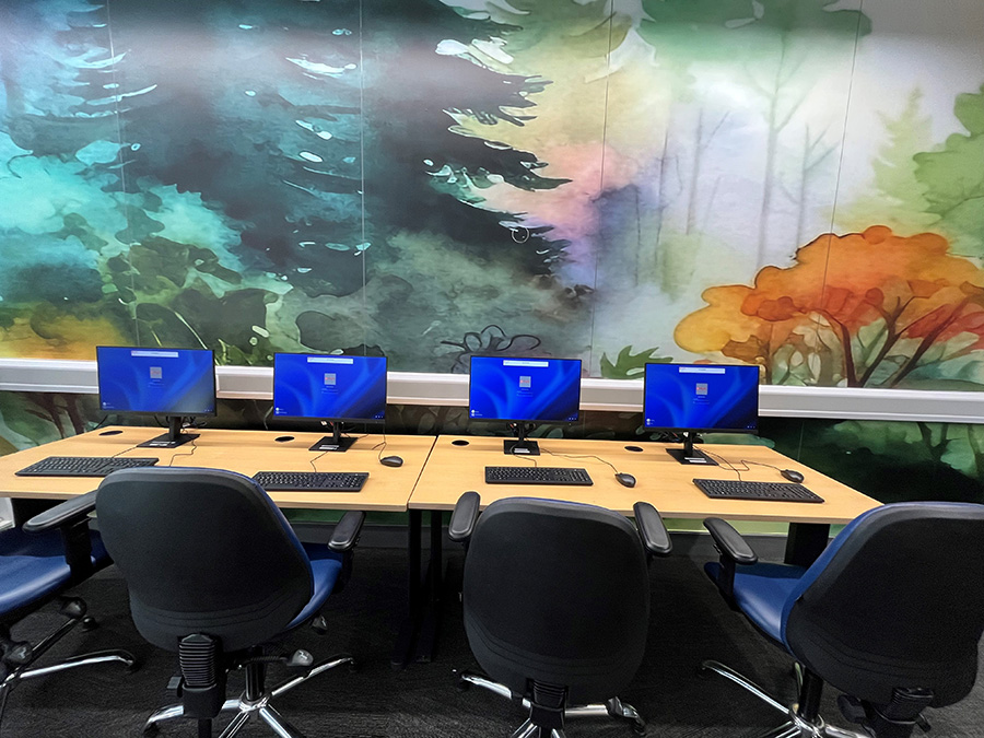 A photo of new computers in a library