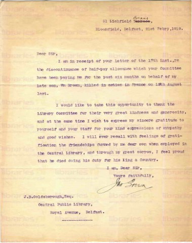 BRO 017. Letter from John Brown to Goldsbrough 21 February 1919. Half-pay allowance. Thanks to staff for sympathy. Page one of one. 