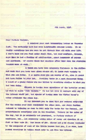 COU 032. Letter from Elliott to Coulson 4 March 1916. Simpson, library matters, economy. Page one of two.