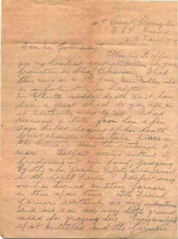 FIT 016. Letter from Fitzsimons to Goldsbrough 3 February 1917. France. Elliott's death, Belfast food production, French farmers, war effort. Page one of two. 