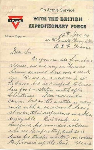 FIT 003. Letter from Fitzsimons to Elliott 12 December 1915. France. Camp, Y.M.C.A. Page one of three. 